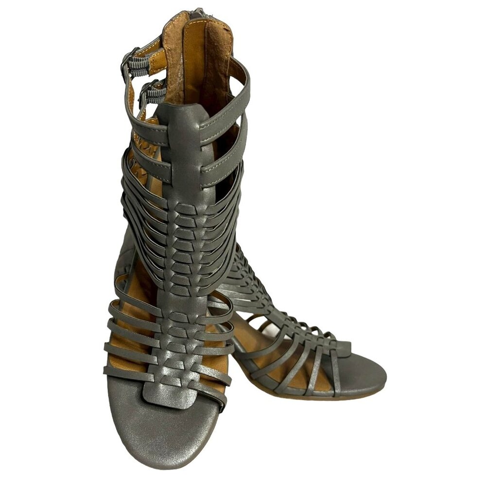 Madeline Gray Gladiator Heeled Sandals Woven Straps & Buckle Details Size 8.5 F